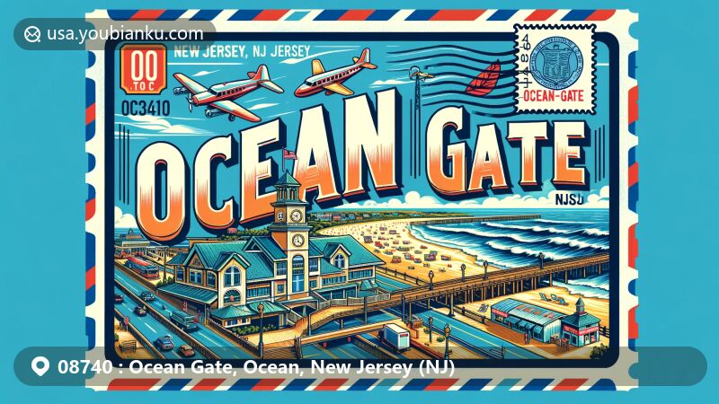 Modern illustration of Ocean Gate, Ocean County, New Jersey, highlighting beach and boardwalk, incorporating postal theme with stylized postcard or air mail envelope featuring ZIP code 08740 and 'Ocean Gate, NJ,' alongside symbols of New Jersey and Ocean County.