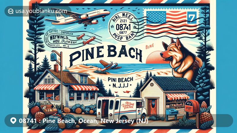 Modern illustration of Pine Beach, NJ, showcasing natural beauty of Walling Field Park and charm of Wayward Hound Bakery, incorporating New Jersey state flag, creative postage elements, mail truck, and American-style mailbox.