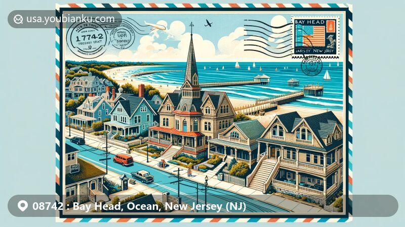 Modern illustration of Bay Head, Ocean County, New Jersey, showcasing Jersey Shore's 'Golden Coast' charm and historic architecture of Bay Head Historic District with Shingle Style and Colonial Revival buildings like All Saints Episcopal Church and Bay Head Chapel, blending seamlessly into vibrant seaside community, reflecting rich architectural heritage. Includes postal elements such as stamp with '08742' ZIP code, Bay Head postmark, and vintage airmail envelope border. Capturing Bay Head's unique blend of seaside beauty and historical significance in a contemporary illustrative style.