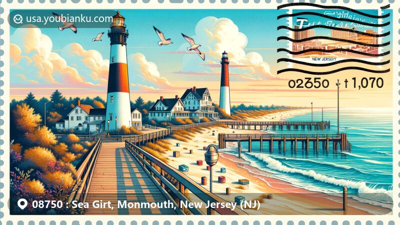 Modern illustration of Sea Girt, New Jersey, showcasing the iconic Sea Girt Lighthouse and beach scenery, with postal elements including the ZIP code 08750 stamp, vibrant colors highlighting the Jersey Shore beauty.
