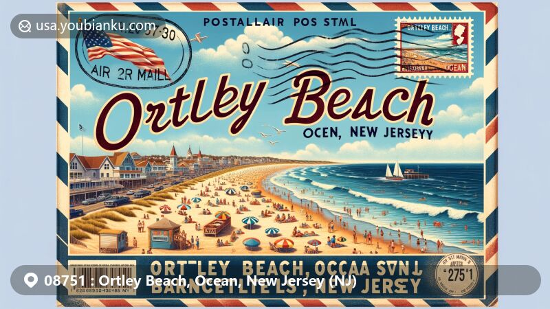 Modern illustration of Ortley Beach, Ocean, New Jersey (NJ), featuring vibrant beach scene with Barnacle Bills landmark, integrated postal elements like vintage air mail envelope and NJ state flag postage stamp.