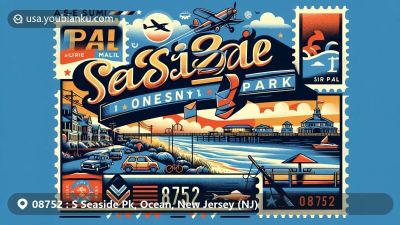 Modern illustration of Seaside Park, Ocean County, New Jersey, featuring ZIP code 08752 with a postal theme highlighting Atlantic Ocean, Barnegat Bay, air mail envelope, stamps, postmark, and coastal landscapes.