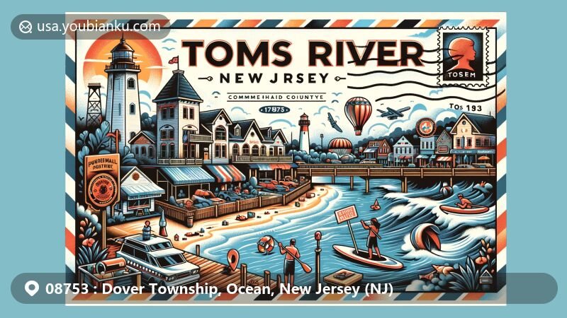 Modern illustration of Toms River, New Jersey, showcasing its Jersey Shore location in Ocean County, featuring a mix of commercial hub and bedroom suburb of New York City, incorporating visual elements of beach, surfing, paddleboarding, and Halloween parade, with postal theme including airmail envelope border, ZIP code '08753' stamp, and postmark.