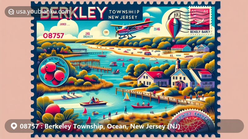 Modern illustration of Berkeley Township, New Jersey, showcasing natural beauty and local attractions, featuring Double Trouble State Park, cranberry bogs, New Jersey Pine Barrens, Robert J. Miller Airpark, Cedar Creek Golf Course, Amherst Beach, and Butler Beach.