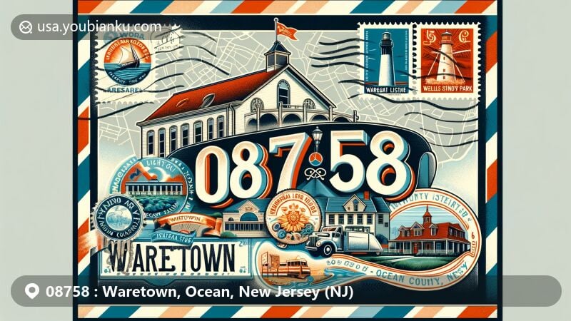 Vintage-style illustration of Waretown, Ocean County, New Jersey, with ZIP code 08758, featuring airmail envelope, iconic landmarks like Albert Music Hall and Barnegat Lighthouse State Park, and historic district architecture.
