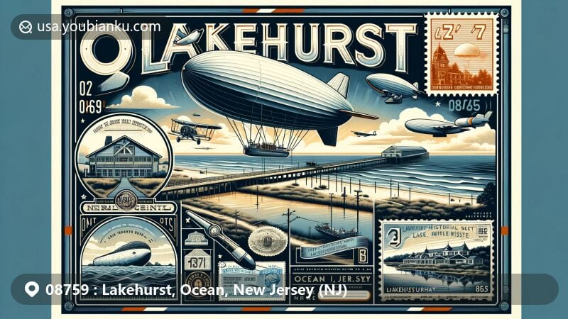 Creative illustration of Lakehurst, Ocean County, New Jersey, with vintage airmail envelope, showcasing Hangar One and Hindenburg airship, featuring historical elements and natural surroundings, highlighting postal theme with ZIP code 08759.