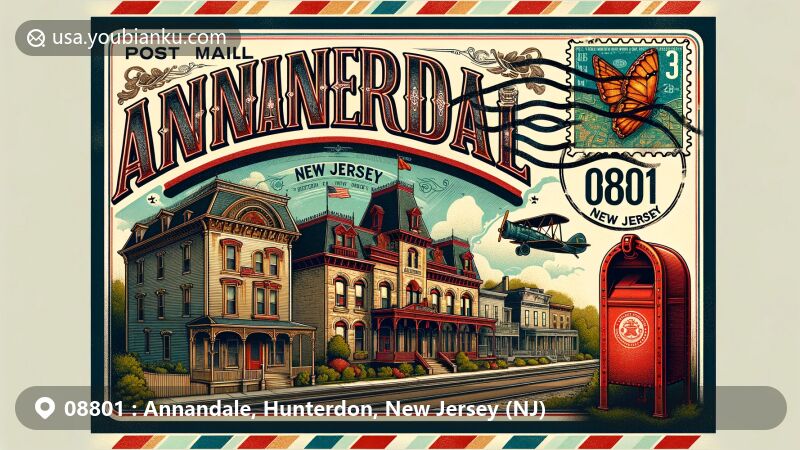Modern illustration of Annandale, Hunterdon County, New Jersey, featuring vintage air mail envelope design with historic district architecture and New Jersey state flag, showcasing postal theme with red mailbox and 'Annandale' postage stamp, highlighting ZIP code 08801.