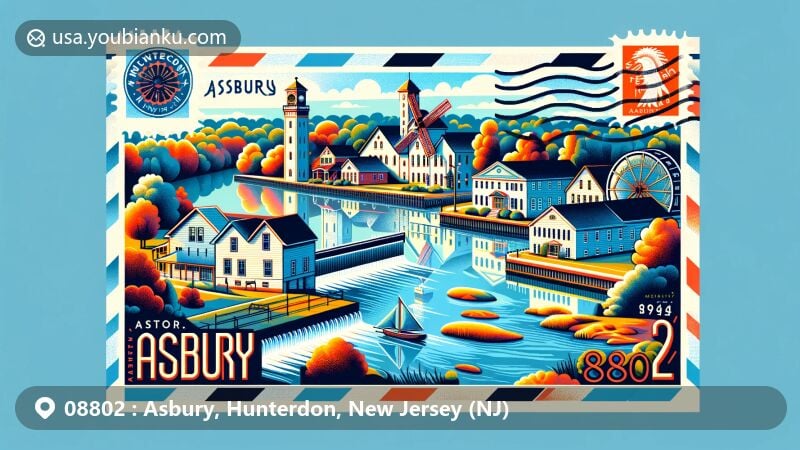 Colorful illustration of Asbury, Hunterdon, New Jersey, showcasing landmarks like Hoffman Grist Mill and Asbury Graphite Laboratory, with postal elements including stamps and postmarks for ZIP code 08802.