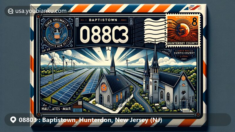 Modern illustration of Baptistown, Hunterdon County, New Jersey, featuring ZIP code 08803, showcasing historical roots, Revolutionary War connections, Baptist churches, and solar farms.