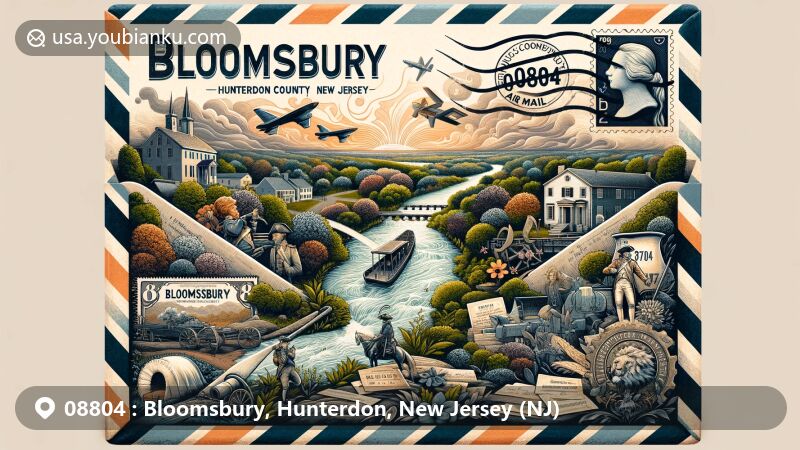 Creative illustration of Bloomsbury, Hunterdon County, New Jersey, representing ZIP code 08804, featuring Musconetcong River, historical Revolutionary War symbol, and postal elements.
