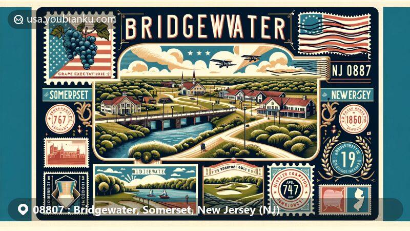 Vintage postcard illustration of Bridgewater, Somerset County, New Jersey, featuring Grape Expectations winery, Green Knoll Golf Course, Middlebrook Trail, and postal elements, with ZIP code 08807 and American flag.