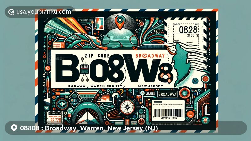 Modern illustration of Broadway, Warren County, New Jersey, showcasing postal theme with ZIP code 08808, featuring map outline, geographic coordinates (40.726° N, -75.048° W), and creative postcard design with postal elements.