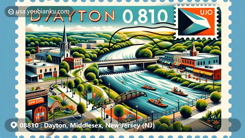 Vibrant illustration of Dayton, New Jersey, highlighting ZIP code 08810, showcasing Millstone River Park, downtown shops, and a stylized postal stamp, seamlessly blending urban and natural scenery.