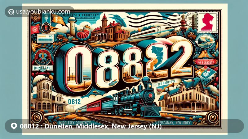 Modern illustration of Dunellen, Middlesex County, New Jersey, featuring vintage postcard style highlighting ZIP code 08812, railroad town motif, agricultural history, and New Jersey state flag stamp.