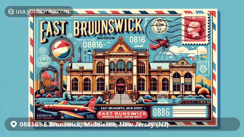 Vibrant illustration of East Brunswick, Middlesex County, New Jersey, featuring key cultural landmark East Brunswick Museum and postal elements with ZIP code 08816, including vintage postage stamp and airmail envelope border.