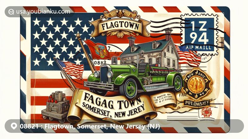 Modern illustration of Flagtown, Somerset, New Jersey, featuring ZIP code 08821 and state flag, showcasing historical elements like 18th-century tavern and green fire truck, with a postal theme of postage stamp and postmark.