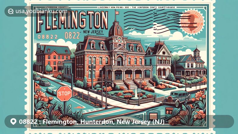 Modern illustration of Flemington, New Jersey, showcasing historic landmarks like Union Hotel and Hunterdon County Courthouse in a vibrant postcard design with postal elements and ZIP code 08822.