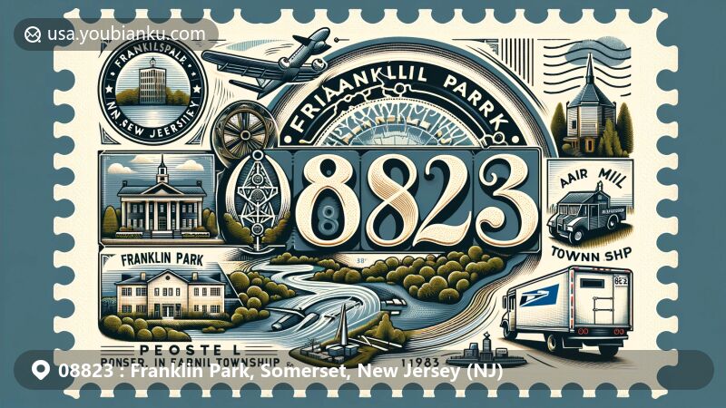 Modern illustration of Franklin Park, Somerset County, New Jersey, featuring creative postal theme with ZIP code 08823, showcasing historical and geographical elements like Millstone River and Franklin Township.