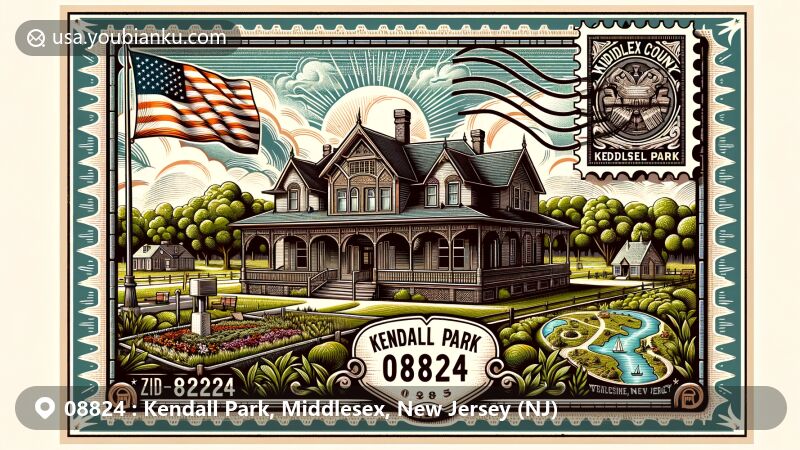 Modern illustration of Kendall Park, Middlesex County, New Jersey, showcasing historic Hoagland-Clark House, lush green parks like Kingsley Park and Veterans Park, stylized map of Middlesex County, New Jersey state flag, and postal theme with ZIP code 08824.