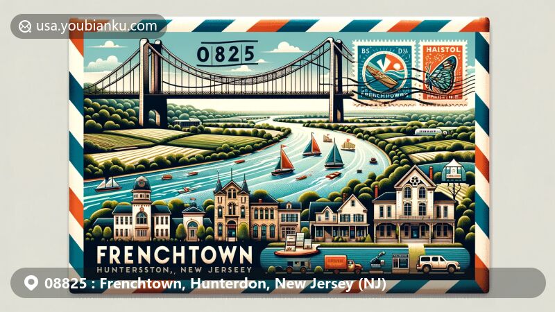 Modern illustration of Frenchtown, Hunterdon County, New Jersey, featuring airmail envelope design with ZIP code 08825, highlighting Uhlerstown-Frenchtown Bridge and scenic landscape.