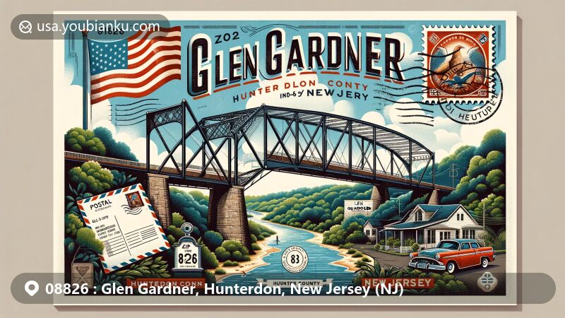 Modern illustration of Glen Gardner, Hunterdon County, New Jersey, featuring the historic Pony Pratt Truss Bridge spanning Spruce Run, surrounded by lush greenery and clear blue sky, reflecting the area's rich history and natural beauty, combined with postal service elements and New Jersey state flag.