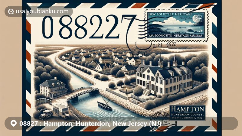 Modern illustration of Hampton, Hunterdon County, New Jersey, capturing postal theme with ZIP code 08827, showcasing historic district with 19th-century revival and Georgian architecture, featuring Musconetcong River and Solitude Heritage Museum.