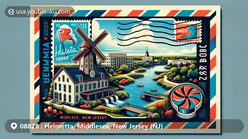 Modern illustration of Helmetta, Middlesex County, New Jersey, featuring Helme Snuff Mill, Helmetta Pond, and Borough Hall, framed by a creative postcard design with ZIP Code 08828 and New Jersey state symbols.
