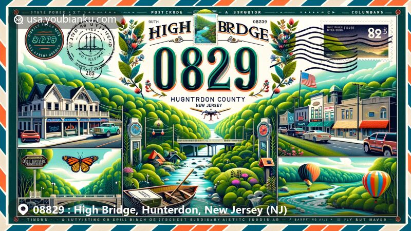 Modern illustration of High Bridge, Hunterdon County, New Jersey, showcasing postal theme with ZIP code 08829, featuring lush forests, rolling green hills, South Branch of the Raritan River, quaint Main Street, Columbia Trail, and New Jersey state flag.