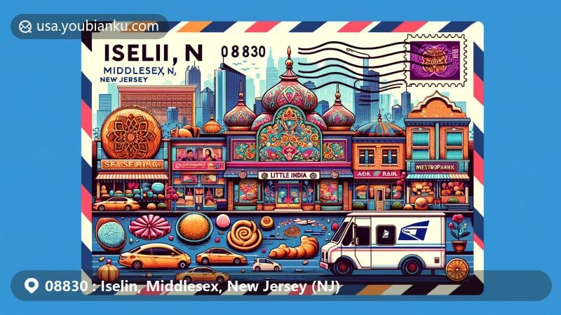 Modern illustration of Iselin, Middlesex, New Jersey, capturing vibrant cultural fusion of Little India and Metropark area, featuring Indian goods, colorful saris, office parks, and postal elements.