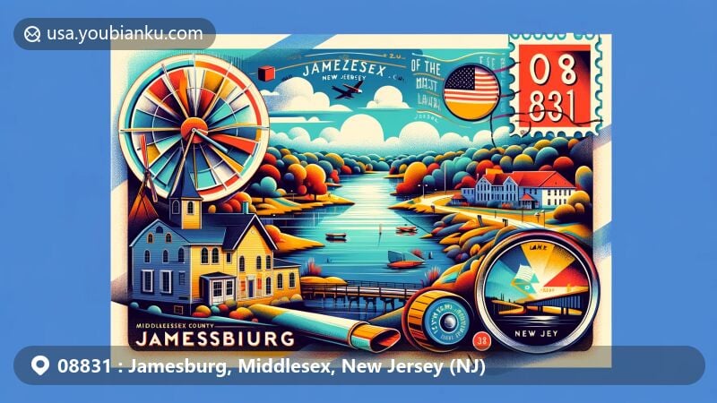 Modern illustration of Jamesburg, Middlesex County, New Jersey, featuring postal theme with ZIP code 08831, showcasing Lake Manalapan and historic Buckelew's Mill, and including New Jersey state flag.