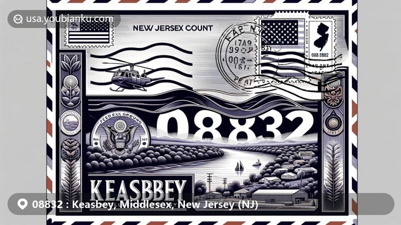 Modern illustration of Keasbey, Middlesex, New Jersey, in airmail envelope style featuring Raritan River, NJ state flag, and key local symbols like FedEx Ground and Wakefern.