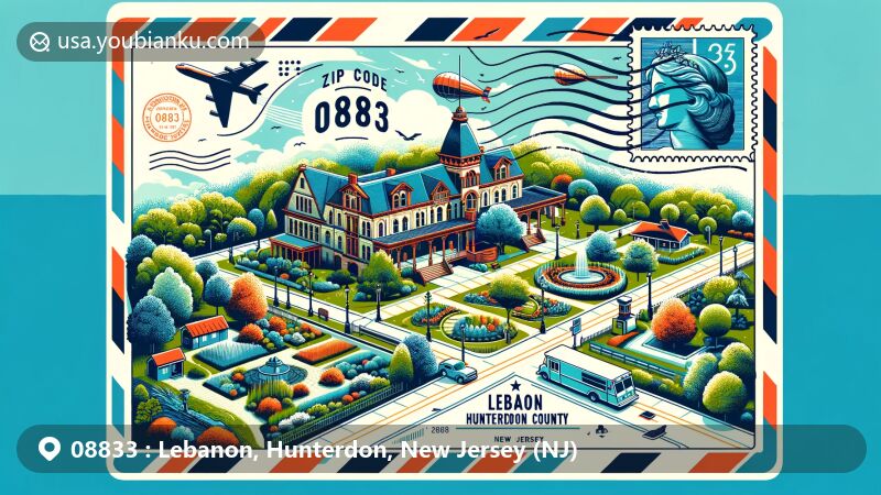 Modern illustration of ZIP Code 08833 area in Lebanon, Hunterdon County, New Jersey, featuring historic district, arboretum, and recreation area, merging regional and postal elements.