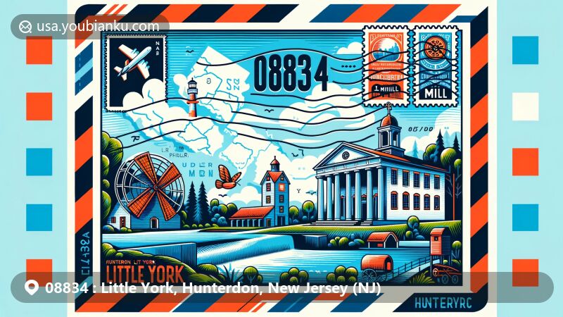 Modern illustration of Little York, Hunterdon County, New Jersey, highlighting ZIP code 08834 and local landmarks including Alexandria Presbyterian Church Chapel and historical mills. Features vibrant postal elements like stamps, ZIP code '08834', mailbox, and postal van.
