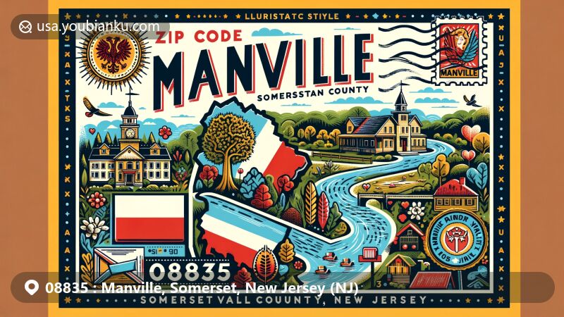 Modern illustration of Manville, Somerset County, New Jersey, with postal theme showcasing ZIP code 08835, featuring local landmarks, Polish and Ukrainian heritage, and iconic Raritan Valley region scenes.