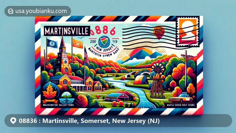 Modern illustration of Martinsville, Somerset County, New Jersey, showcasing Washington Valley Park and Mountain View Golf Course, incorporating Maple Sugar Day cultural elements, featuring New Jersey state flag and ZIP code 08836 postal symbols.