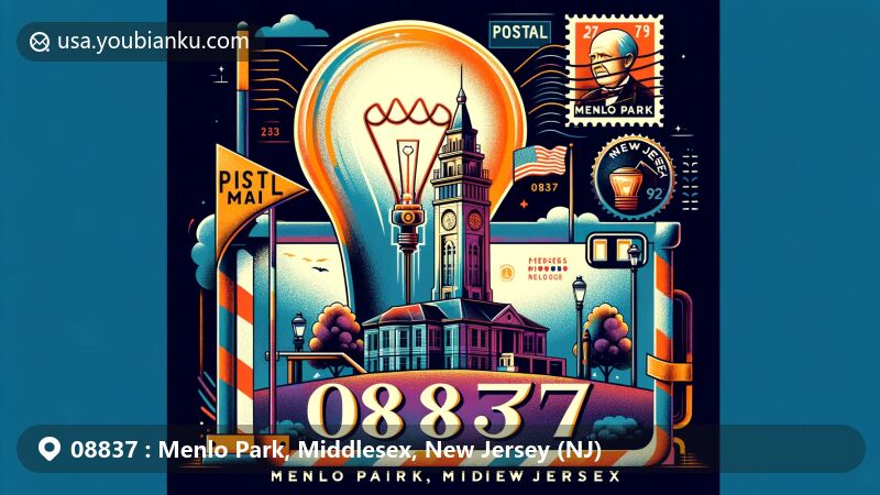 现代插图，展示新泽西州中塞克斯县门洛公园（Menlo Park, Middlesex, New Jersey (NJ)），以航空邮件信封为主题，高亮08837邮政编码，爱迪生纪念塔，新泽西州州旗等。