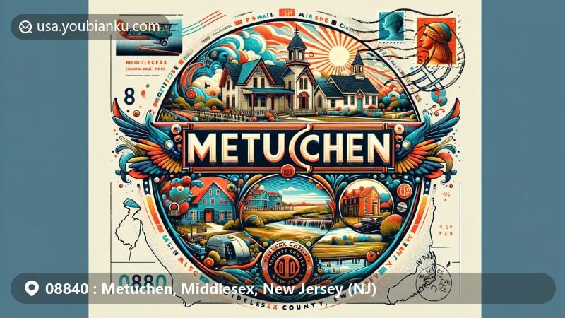 Modern illustration of Metuchen, Middlesex County, New Jersey, showcasing a vibrant airmail envelope with '08840' ZIP code, featuring historical elements like Metuchen Colonial Cemetery, Middlesex Greenway, and Old Franklin Schoolhouse, integrating postal communication and travel themes.