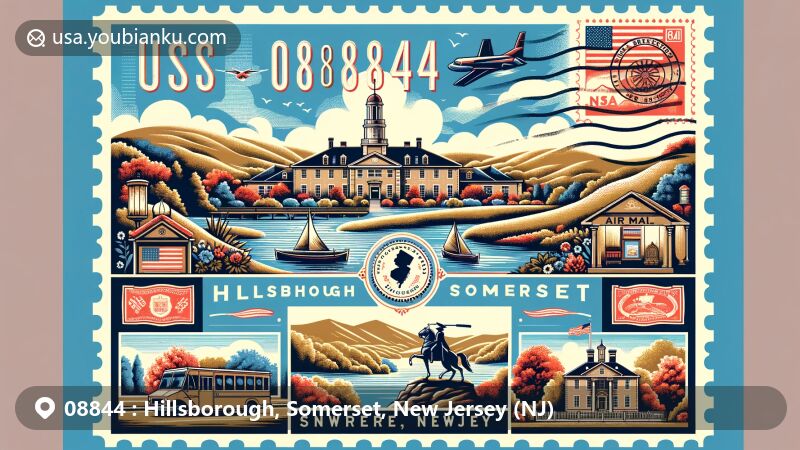 Modern illustration of Hillsborough, Somerset County, New Jersey, portraying postal theme with ZIP code 08844, featuring Sourland Mountain silhouette and historical elements related to General George Washington.