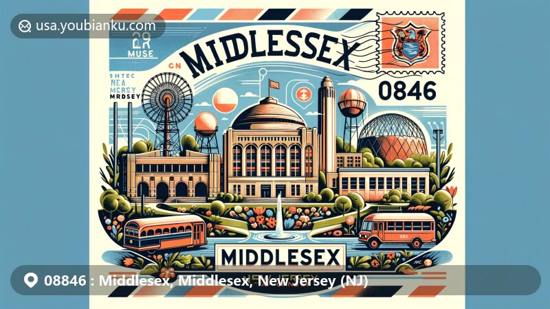 Vintage illustration of Middlesex, Middlesex, New Jersey, with iconic landmarks including the Thomas Edison Center and Rutgers University, surrounded by green parks and vibrant community, featuring a postal stamp of New Jersey state flag and ZIP code 08846.