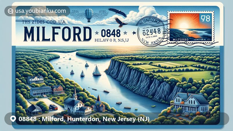 Modern illustration of Milford Bluffs Preserve in Hunterdon County, New Jersey, showcasing lush forests, open fields, and scenic view of Delaware River, featuring Milford town emblem and postal elements.