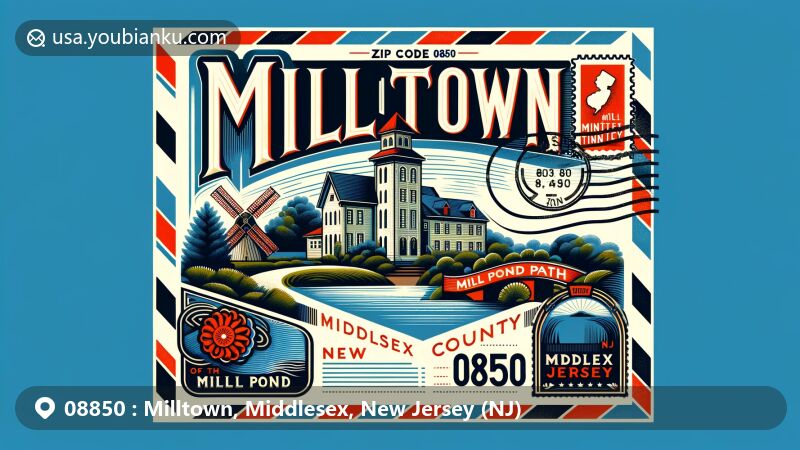 Vintage illustration of Milltown, Middlesex County, New Jersey, featuring airmail envelope with ZIP code 08850, showcasing Mill Pond path and New Jersey state symbols.