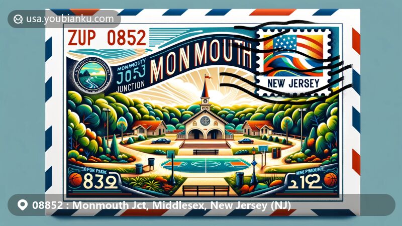 Modern illustration of Woodlot Park in Monmouth Junction, Middlesex County, New Jersey, showcasing postal theme with ZIP code 08852 and state flag stamp.