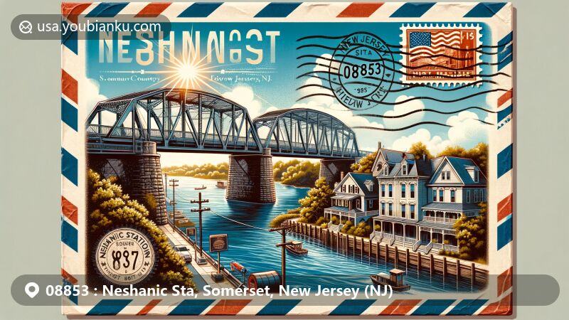 Modern illustration of Neshanic Station, Somerset County, New Jersey, showcasing Neshanic Station Bridge over Raritan River, highlighting historical and architectural charm with Colonial Revival and Second Empire styles.