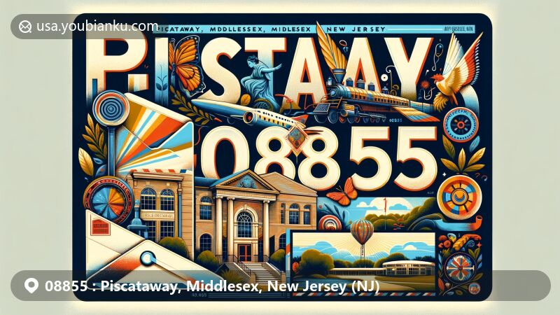 Modern illustration of Piscataway, Middlesex, New Jersey, featuring vintage airmail envelope background with prominent ZIP code 08855 and elegant 'Piscataway, NJ' text, showcasing local landmarks and cultural symbols like Metlar-Bodine House and Greek Festival.