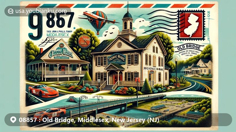 Modern illustration of Old Bridge, Middlesex County, New Jersey, showcasing Thomas Warne Museum & Library, John A. Philipps Open Space Preserve, Raceway Park, and Waterfront Park, styled as an airmail postcard with ZIP code 08857.