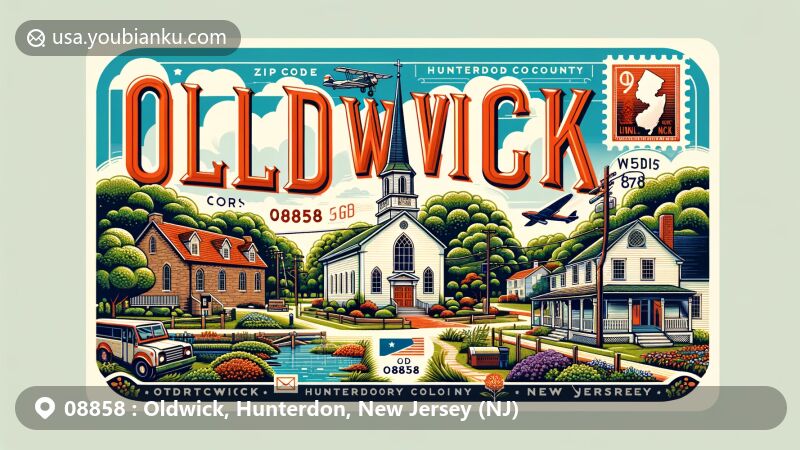 Modern illustration of Oldwick, Hunterdon County, New Jersey, featuring historic Zion Lutheran Church and Tewksbury Inn, surrounded by lush countryside, with prominent ZIP code 08858 and vintage postal elements.
