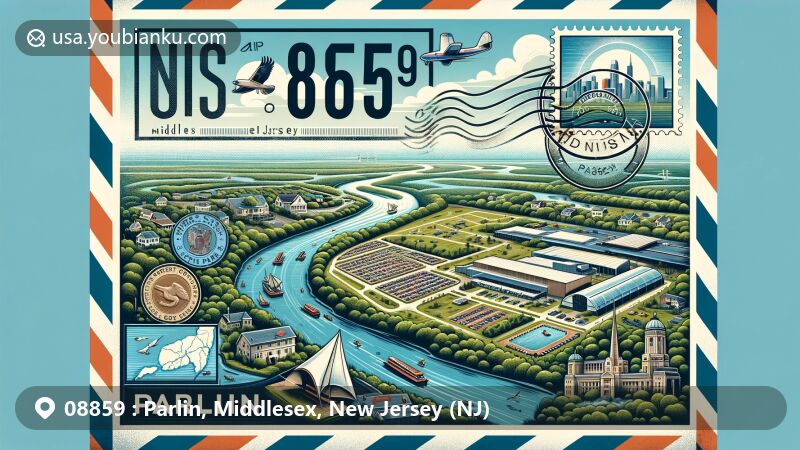 Modern illustration of Parlin, Middlesex County, New Jersey, resembling an airmail envelope, featuring postal elements and ZIP code 08859, showcasing Cheesequake State Park and New Jersey Convention and Exposition Center.