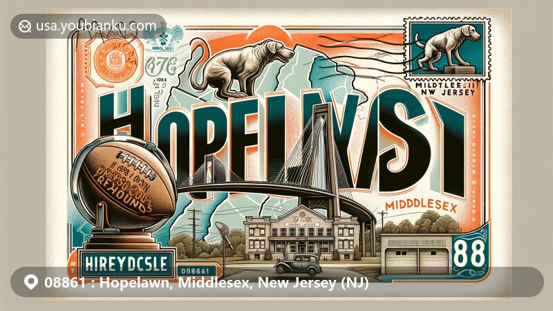 Modern illustration of Hopelawn, Middlesex, New Jersey, showcasing detailed drawings of the Edison Bridge and Driscoll Bridge, with references to local history like the clay industry and the 'Hopelawn Greyhounds' football team.