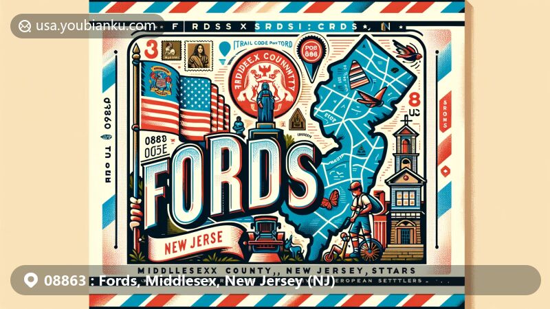 Modern illustration of Fords, Middlesex County, New Jersey, with historic Fords Corner marker and postal elements, featuring diverse community and New Jersey state flag.