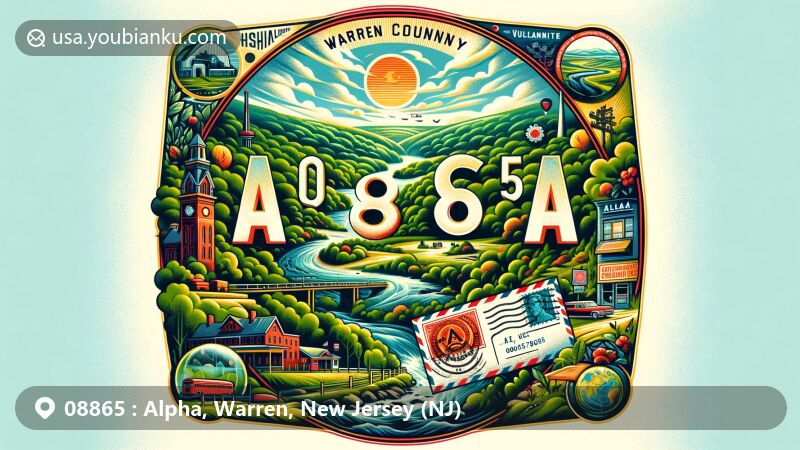 Modern illustration of Alpha, Warren County, New Jersey, showcasing Warren Highlands' scenic beauty with lush greenery, rolling hills, and tranquil rivers, featuring vintage-style postcard or airmail envelope with postal theme and ZIP code 08865.
